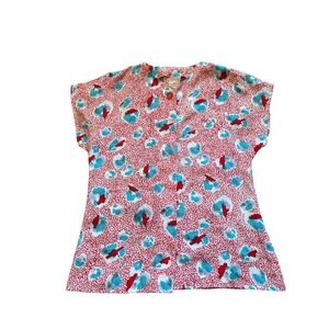 Tess Paris Milano Blouse Size 10 Made in Hong Kong Red Blue Abstract‎ Print 80s